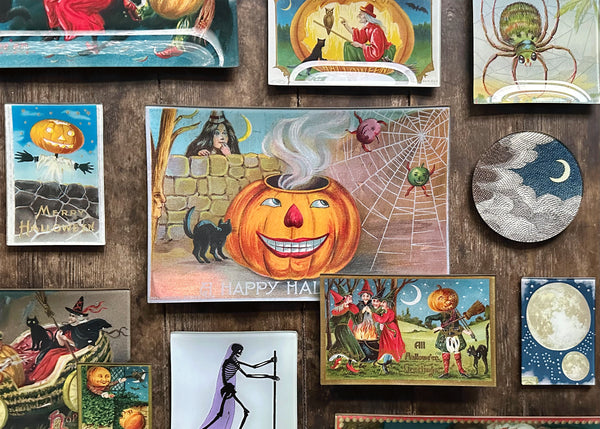 Spooky Halloween glass decoupage trays on a table