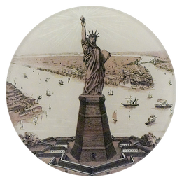 A four inch round plate with a vintage-style illustration of the Statue of Liberty and New York Harbor.