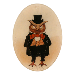 A five inch by seven inch vertical oval plate featuring an owl in a tux with a red bow and top hat.