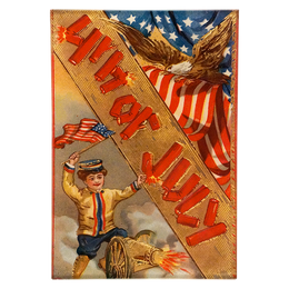 A child with an American Flag shooting a firecracker with an eagle American Flag on the top right corner. Fourth of July is written in firecracker font on a four and a half inch by six and a half inch glass tray.