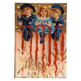 A vintage style illustration of three children on a wall with fourth of July firecrackers on a four and a half inch by six and a half inch glass tray.