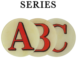 Three five inch round glass plates with the letters 'A', 'B', and 'C' in red on a cream background.