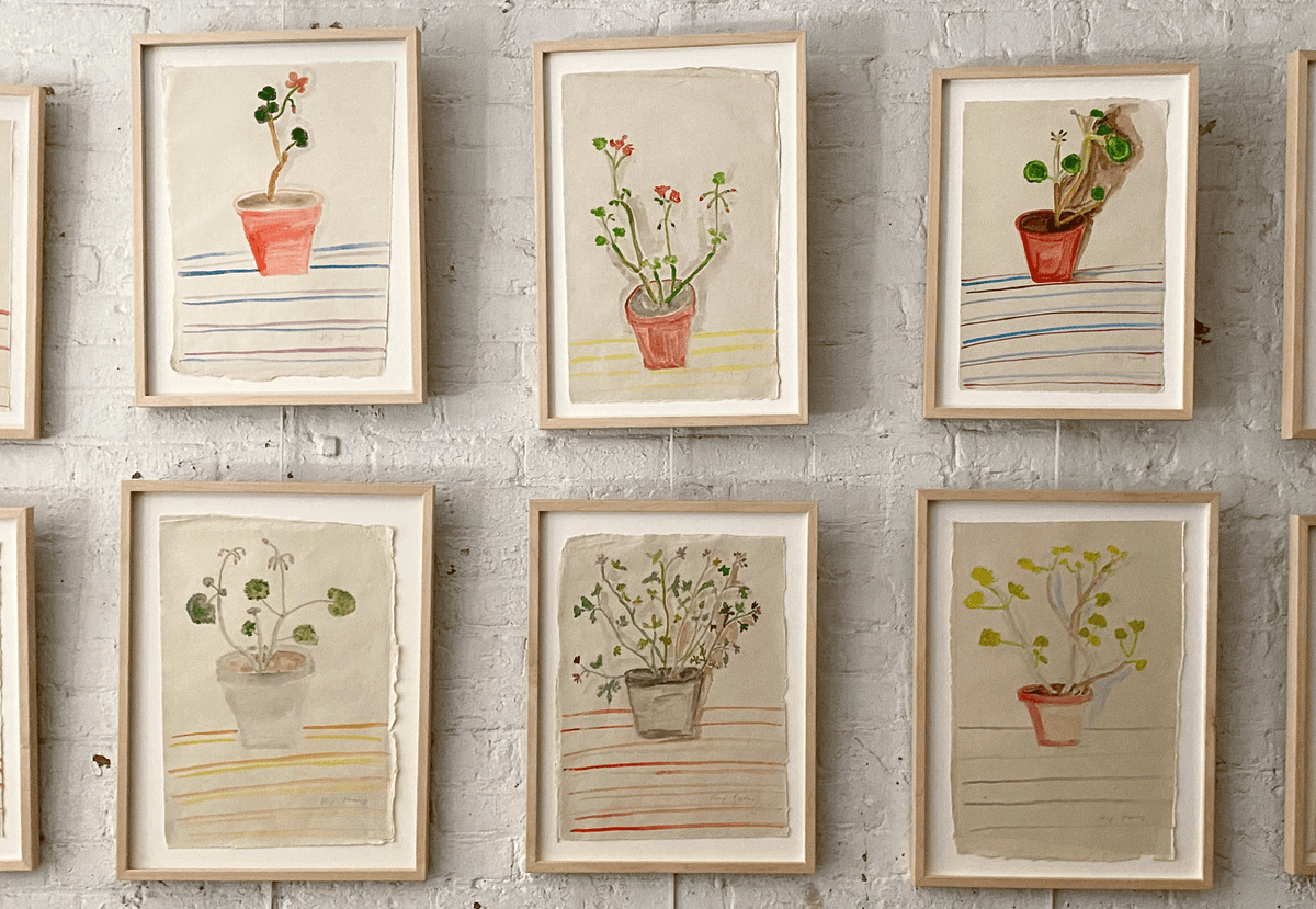 brick wall with a gallery of watercolor paintings featuring a variety of flower pots framed in natural frames