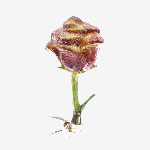 A single glass rose flower ornament with a green stem and a small butterfly decoration at the base, isolated on a light gray background.
