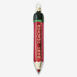 A Christmas ornament shaped like a pencil, featuring a red body with 'BEST TEACHER' written vertically in gold, a dark green top section with green glitter trim, a gold-colored tip, and a gold hanging loop with a star.