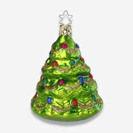 A green Christmas tree ornament with a textured, wavy surface, decorated with gold glitter garlands and colorful red, blue, and green ornaments, topped with a gold star.