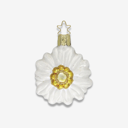 A white daisy-shaped Christmas ornament with a textured gold star topper and a yellow-gold beaded center, shown on a light gray background.