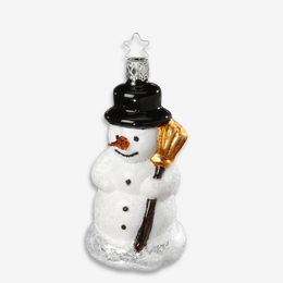 A snowman Christmas ornament with a textured white body, a black top hat, a gold-colored pitchfork, and a small silver star topper, shown on a light gray background.