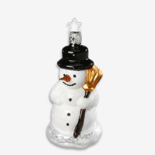 A snowman Christmas ornament with a textured white body, a black top hat, a gold-colored pitchfork, and a small silver star topper, shown on a light gray background.