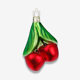 A cherry ornament featuring two glossy red cherries with green leaves and a gold star hanging loop at the top, shown against a light gray background.