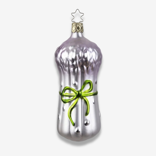 A silver Christmas ornament shaped like a bunch of asparagus decorated with a bright green ribbon bow and a small star topper, shown on a light gray background.