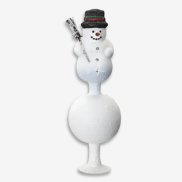 A snowman-shaped wall tree topper with a large round base, a smaller round body, a black top hat with a red band, and a silver clock face on the chest, shown against a light gray background.