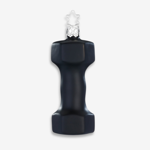 A black dumbbell-shaped pendant ornament with a silver-toned star and textured top cap, shown against a light gray background.