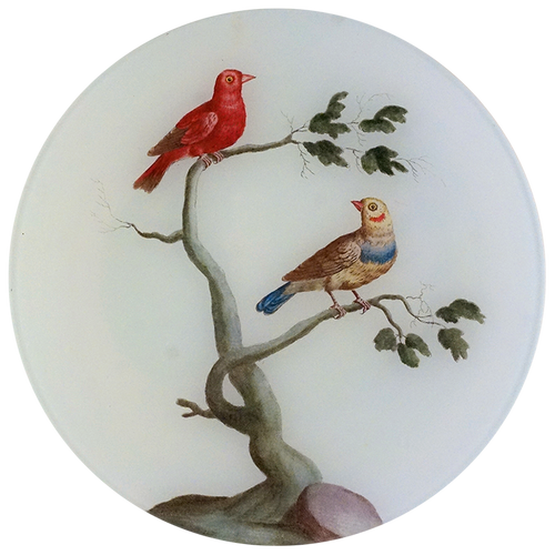 A 10 inch round glass plate featuring birds perched on a branch with green foliage against a white background.