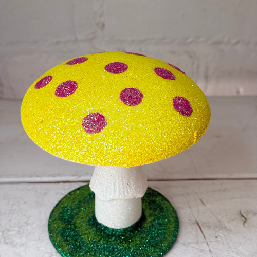 Small Glitter Mushroom in Yellow with Pink Dots