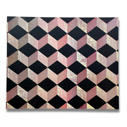 A rectangular notebook with a printed cover featuring a 3D geometric cube pattern in black, rose gold, and pink with a subtle glitter finish, shown against a plain white background.