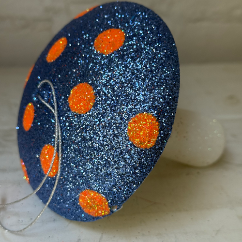 Glitter Mushroom Ornament in Blue & Orange