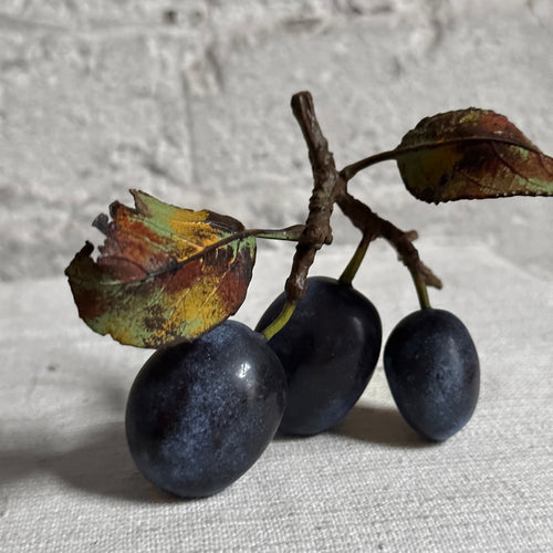 Porcelain Triple Damson with Two Leaves on Twig