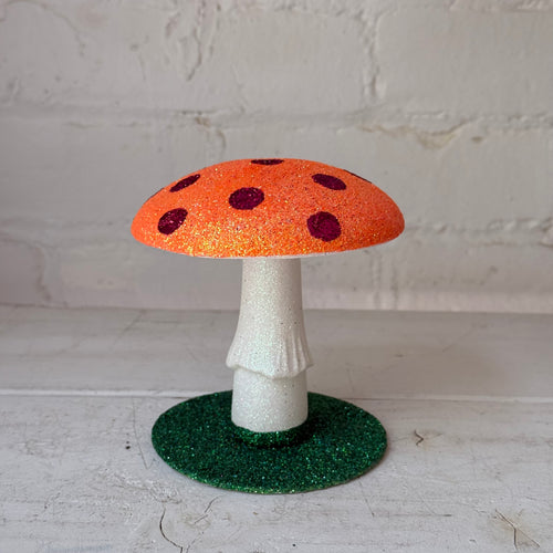 Small Glitter Mushroom in Orange with Red Dots