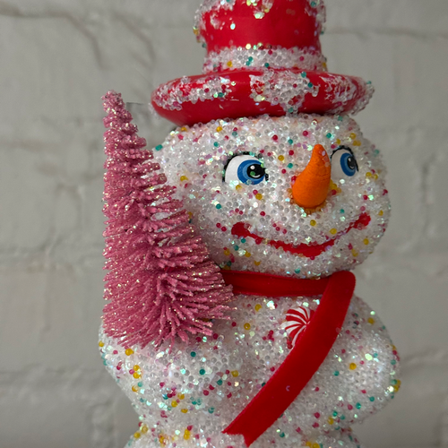 Multi-Color Papier-Mâché Beaded Snowman with Pink Tree
