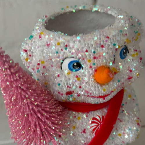 Multi-Color Papier-Mâché Beaded Snowman with Pink Tree