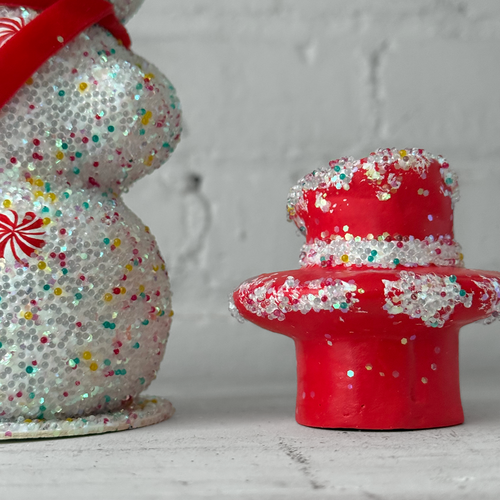 Multi-Color Papier-Mâché Beaded Snowman with Pink Tree