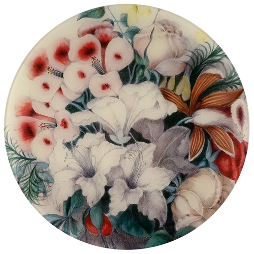 A 13-inch round glass plate featuring a bundle of various colorful flowers. 