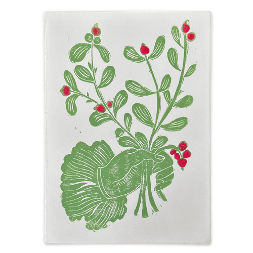 Block Printed Light Green Bouquet with Red Folded Card