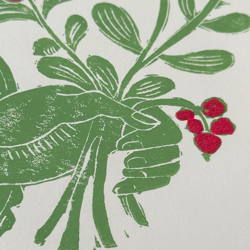 Block Printed Light Green Bouquet with Red Folded Card