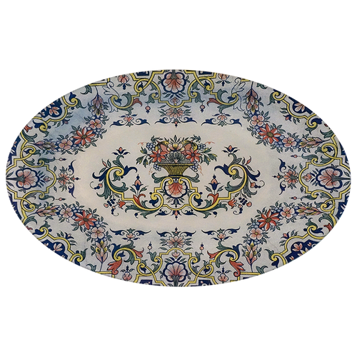 A nine inch by fourteen inch oval glass plate with a floral and geometric pattern in blue, green, and multicolor.