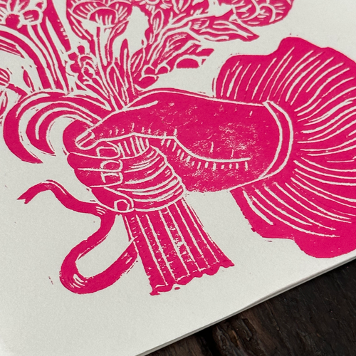 Block Printed Pink Bouquet Folded Card