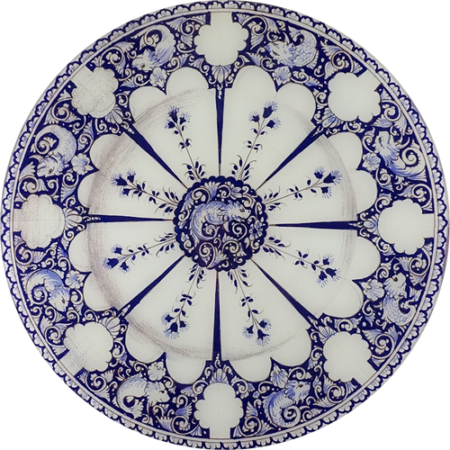 A 16-inch round glass plate featuring a blue and white floral pattern including a blue fish. 
