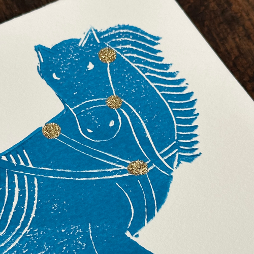 Block Printed Blue Horse Folded Card
