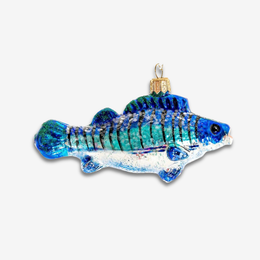 A handcrafted glass fish ornament with vibrant blue, green, and white colors, featuring a gold hanging loop at the top, shown against a plain light gray background.