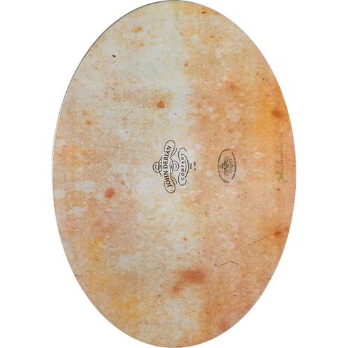 The back of a fourteen inch by nineteen inch oval plate with the John Derian logo, sticker and signed by John Derian. 
