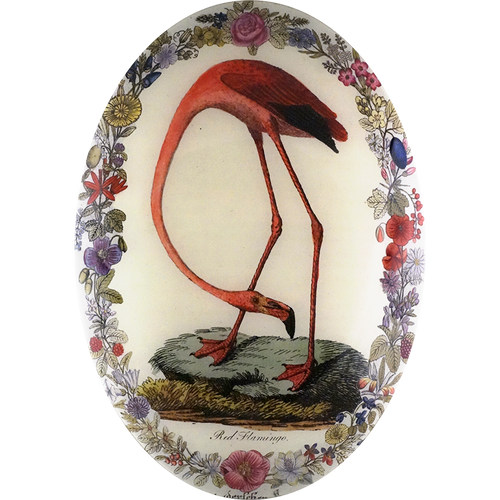 A thirteen inch by eighteen inch vertical oval convex glass plate with a pink flamingo looking down, surrounded by a floral boarder.