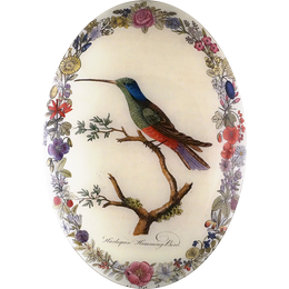 A thirteen inch by eighteen inch vertical convex oval glass plate of a hummingbird on a branch surrounded by a floral boarder. 