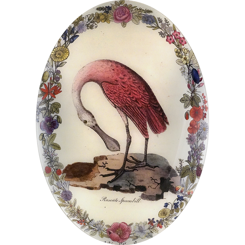 A thirteen inch by eighteen inch vertical convex oval glass tray with a spoonbill in the center looking down with a floral boarder. 