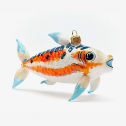 A hand-painted glass Christmas ornament shaped like a koi fish, featuring a white body with vibrant orange stripes, blue fins, and a small gold hanging loop at the top, set against a plain white background.