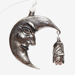 Grey Crescent Moon with Bat Ornament