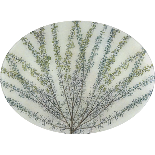 A fourteen inch by nineteen inch horizontal glass oval plate featuring a botanical illustration of branching sprigs with muted green and blue-gray leaves on a warm off-white background.