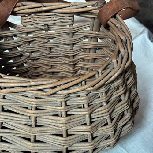 Antique Open Top Wicker Basket with Leather Strap