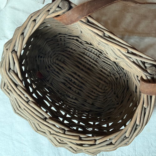 Antique Open Top Wicker Basket with Leather Strap