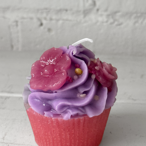 Purple Frosting with Light Purple Flowers Cupcake Candle