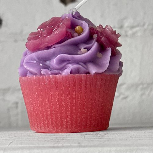 Purple Frosting with Light Purple Flowers Cupcake Candle