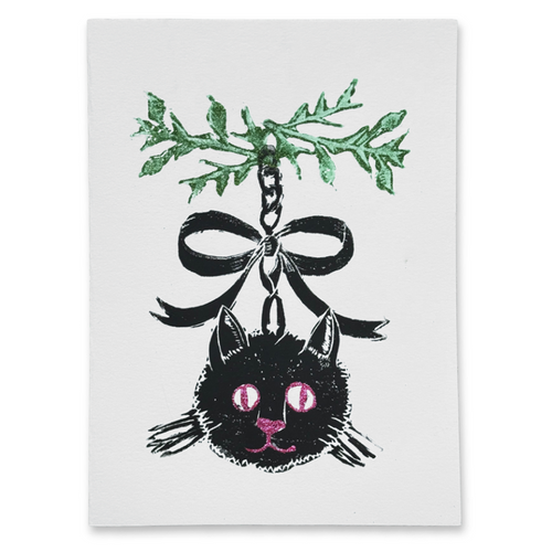 Block Printed Black Cat Folded Card