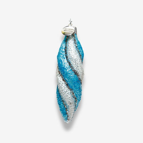 A textured glass Christmas ornament shaped like a twisted baguette, featuring swirls of bright blue, frosted white, and dark gray glass with a silver hanging loop at the top.