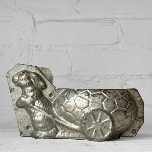 Antique Chocolate Rabbit with Egg Wagon Tin Mold (#26)