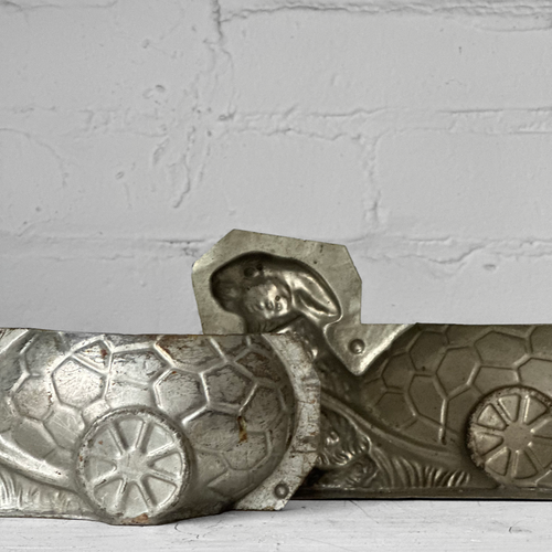 Antique Chocolate Rabbit with Egg Wagon Tin Mold (#26)