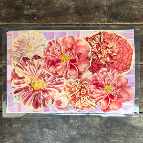 One of a Kind Collaged Pink Flower Mat Pair (2-03 & 2-04)
